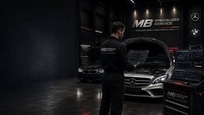 Técnico de MB Specialized Service con un tablet de diagnóstico frente a un Mercedes-Benz con el capó abierto