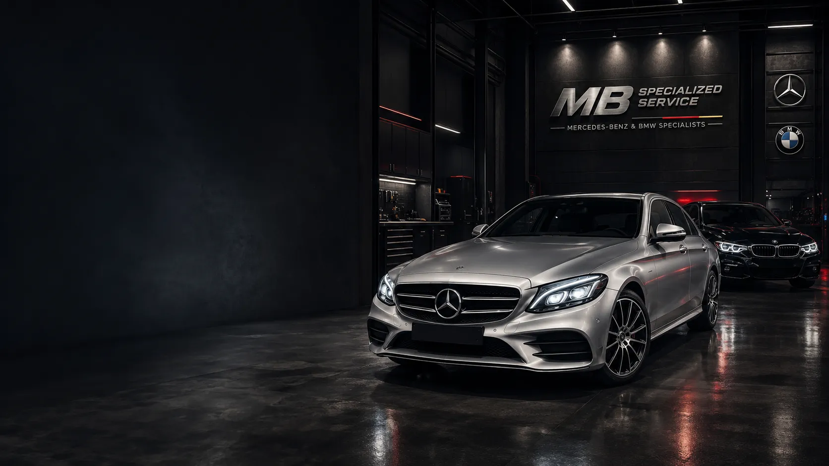 Mercedes-Benz plateado y BMW oscuro en el taller premium de MB Specialized Service