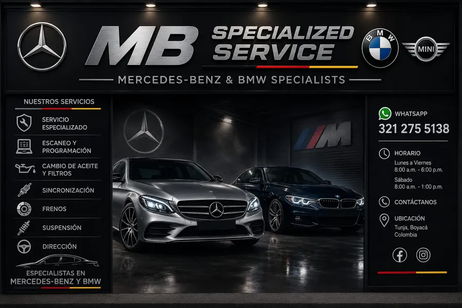 Letrero del local de MB Specialized Service con el listado de servicios y los datos de contacto
