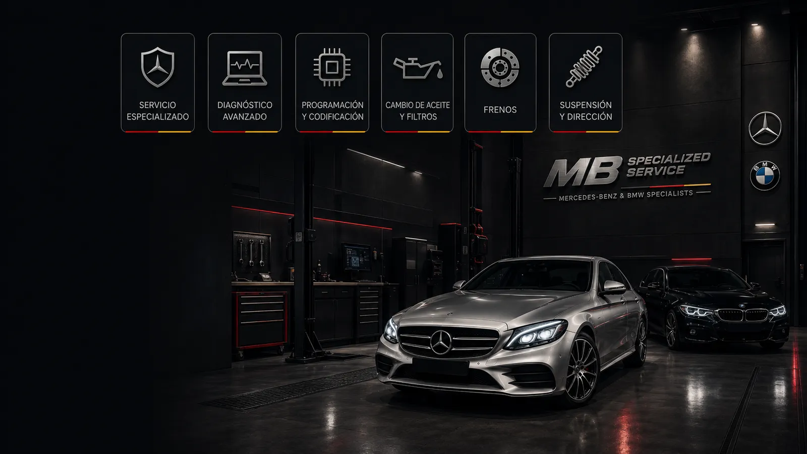 Taller oscuro premium de MB Specialized Service con vehículos e iluminación técnica